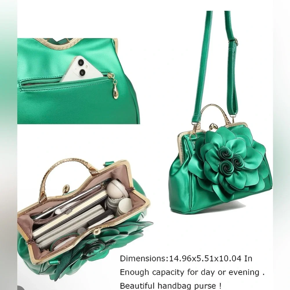 Exquisite Leather Flower Kiss-Lock Handbag - Picture 6 of 8